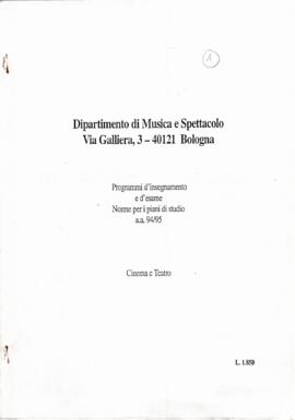«Dipartimento di Musica e Spettacolo, Programmi d'insegnamento e d'esame, a.a. 94/94»