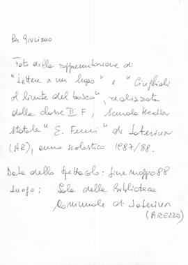 «Lettere a un lupo // Cinghiali / coordinati da Rita Olivieri // Laterina di Arezzo // Classe II F Scuola statale Feroni 1987-88»
